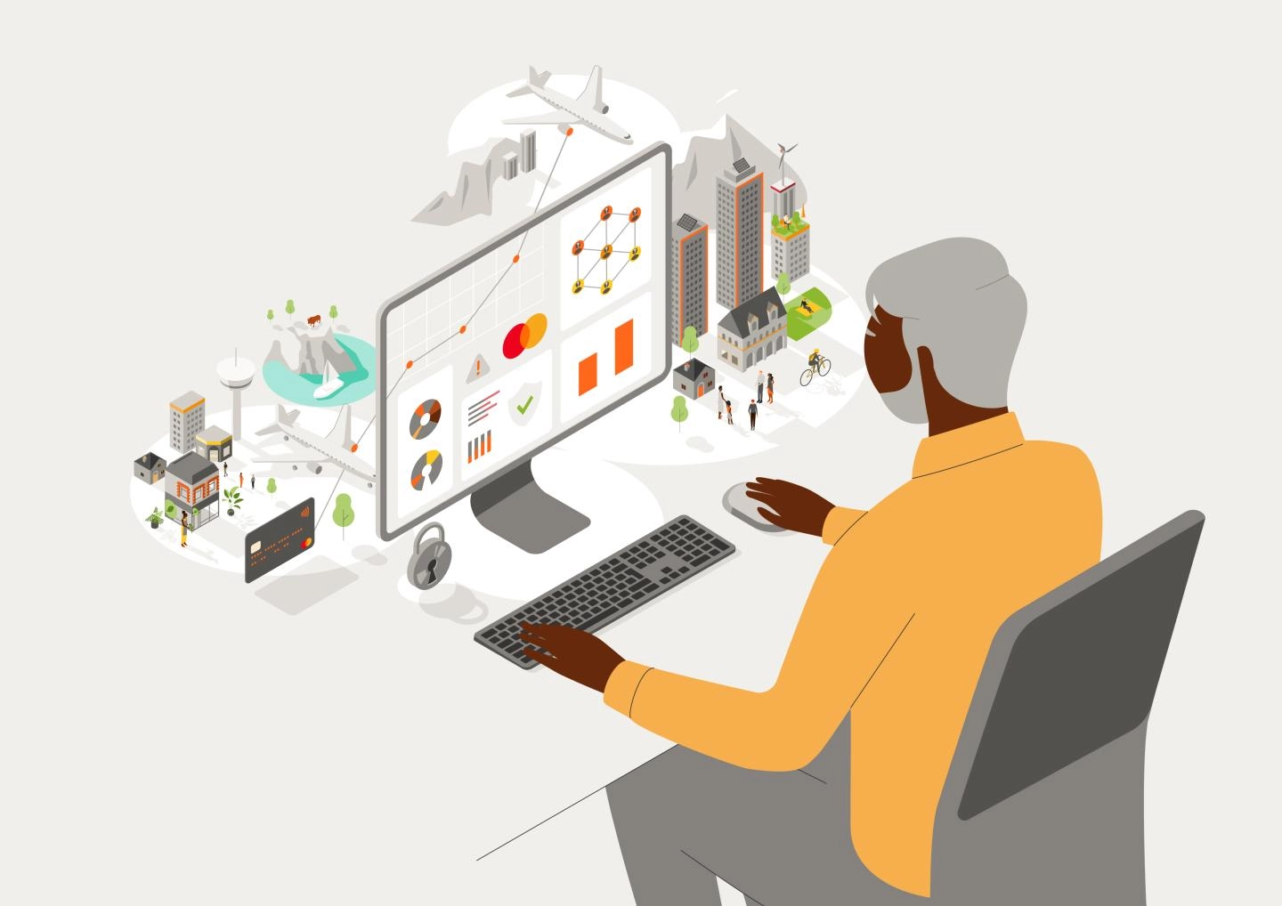 Man on computer with city around it illustration