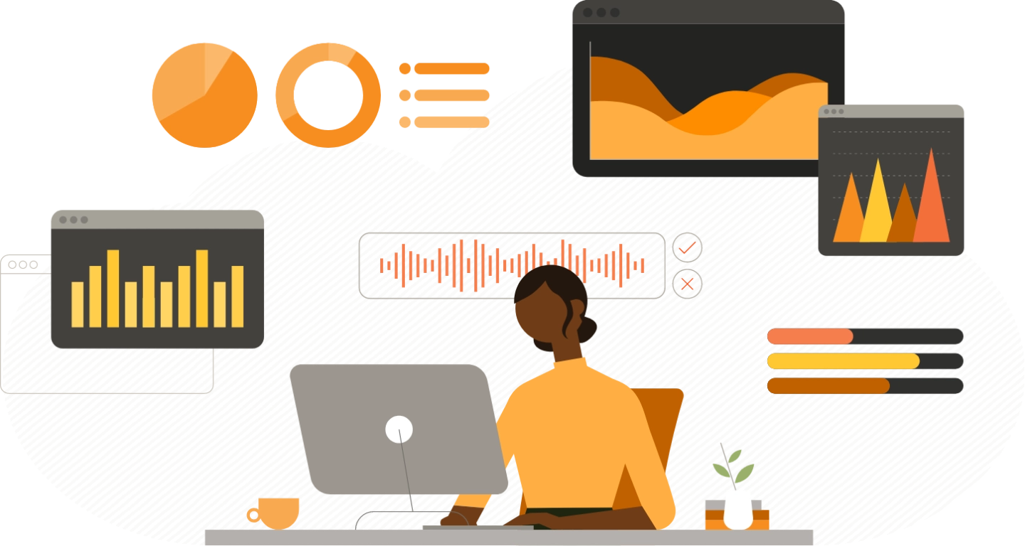 Woman on computer looking at graphs illustration