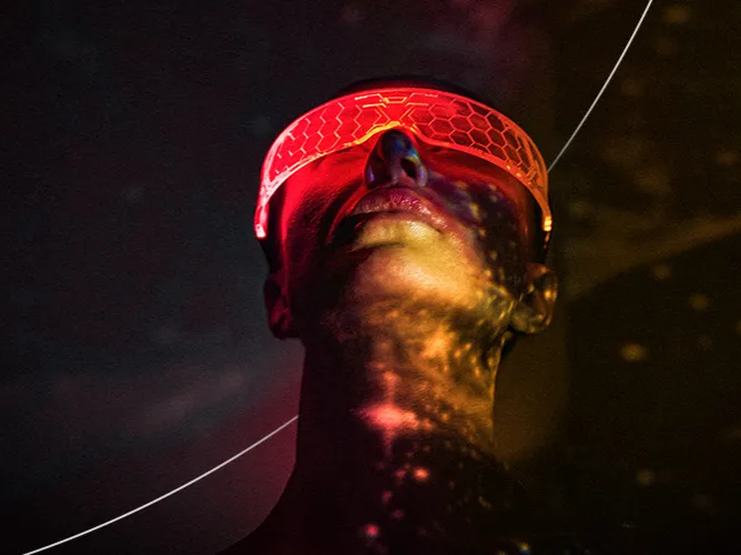 Woman in fluorescent lighting looking up