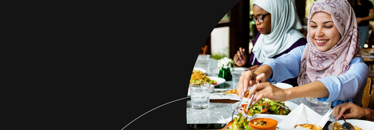 Middle eastern restaurant diners enjoying a meal banner