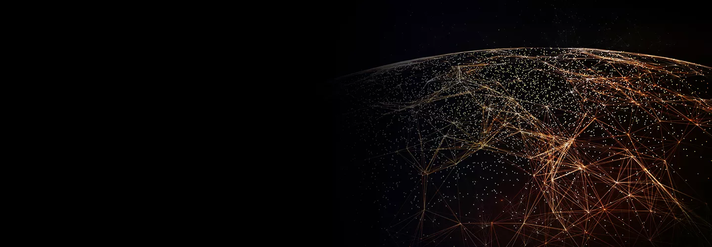 Outline of globe in orange banner