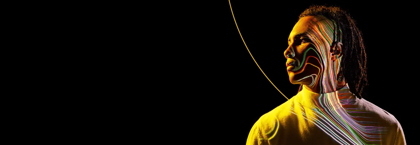 Man staring off banner