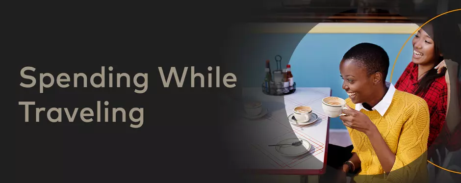 Infographic for "Spending while Traveling". Travelers are spending more on experiences than on goods in 2022. 37% bar spend above 2019 levels. 16% events and recreational spend above 2019 levels. 15% restaurant spend above 2019 levels.